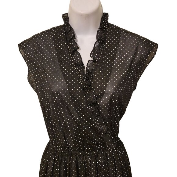 Melissa Lane 6 Black White Polka Dot Midi Dress Semi Sheer Sleeveless V Neck - Picture 2 of 6